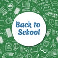 Back to school. Green blackboard with school supplies. Education. Design for banner, poster, packaging.