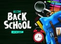 Back To School In Green Chalkboard Background Banner With Blue Backpack And School Supplies