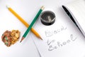 Back to school. Green and orange pencils. Pencil sharpener. Royalty Free Stock Photo