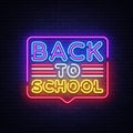 Back to School greeting card design template neon vector. Modern trend design, the beginning of the school year neon