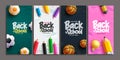 Back to school greeting vector poster set. Welcome back to school text with soccer ball, basketball and color pencil Royalty Free Stock Photo