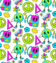 Back to school groovy pattern in retro 70s style. Psychedelic texture hippie design. School and education doodles hand Royalty Free Stock Photo