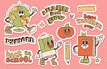 Back to school groovy stickers set in retro cartoon groovy 70s style. Psychedelic hippie masckot design. School and Royalty Free Stock Photo