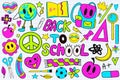 Back to school groovy stickers set in retro 70s style. Psychedelic collection of hippie design elements. School and