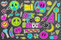Back to school groovy stickers set in retro 70s style. Psychedelic collection of hippie design elements. Vector Royalty Free Stock Photo