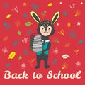 Back to school hand drawn card with Bunny student with books Royalty Free Stock Photo