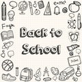 Back to school hand drawn doodles background. Education concept. Hand drawn school supplies. Vector Royalty Free Stock Photo