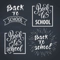 Back to school hand drawn lettering. Blackboard background with colorful pencils. Knowledge Day.