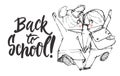 Back to school - hand drawn lettering phrase with hand sketch two pupils, boy and girl running to school holding hands Royalty Free Stock Photo