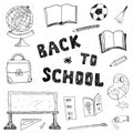 Back to School hand drawn sketch doodles set, vector illustration. Royalty Free Stock Photo