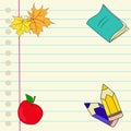 Back to school hand drawn vector notebook lined paper colored pencils red apple maple leaves copyspace for text