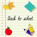 Back to school handwritten cursive lettering ink notebook lined page colored pencils apple maple leaves