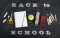 `Back to school` handwritten with school supplies on a black background. Top view. Royalty Free Stock Photo