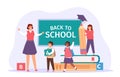 Back to school. Happy teacher meet students with bags, books and pencil. Children in classroom. First day of study Royalty Free Stock Photo