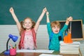 Back to school and happy time. First time to school. Educational process. Kids school. Happy cute clever boy and cute Royalty Free Stock Photo