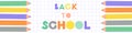 Back to school header for letters, websites, mailing lists. Checkered notebook with pencils