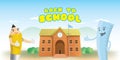 Back to school heading and character cartoon design of pencil an