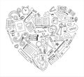 Back to school heart. Big vector doodle set. Stationery for school, university and office. Hand-drawn school supplies. A