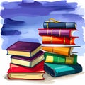 Back to school, High books stack on white background closeup. Sketch handmade. Royalty Free Stock Photo