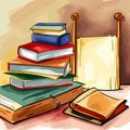 Back to school, High books stack on white background closeup. Sketch handmade. Royalty Free Stock Photo