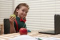 Back to school and home schooling. Happy school kid at lesson. Pupil in classroom at knowledge day. School time. Royalty Free Stock Photo