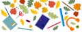 Back to school, horizontal banner with autumn dry leaves and school supplies, digital tablet, online distance education concept