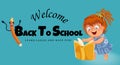 Back to school horizontal banner, logo with smiling girl reading book