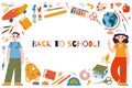 Back to school horizontal banner with round frame, cartoon style. Classmates kids characters, cute stationery and art