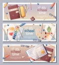 Back to school horizontal banners set. Background with notebooks, textbooks, paints and palette. Study, occupation, hobby. Royalty Free Stock Photo