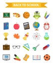 Back to school icon set, flat, cartoon style. Education collection of design elements with stationery, pencil, pen Royalty Free Stock Photo