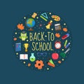 Back to school icon set in round shape, flat, cartoon style. Education collection of design elements with stationery Royalty Free Stock Photo