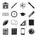 Back to School icon vector set, school building, pen, pensil, sport items, diploma and graduation cap icons, isolated silhouets Royalty Free Stock Photo