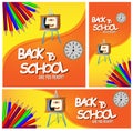Back to school illustration for banners, flyer and brochure with clock, colours and borad. cartoonic typography vector illusration