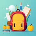 Back to school illustration. Bright backpack with school supplies on a blue background. AI generated Royalty Free Stock Photo