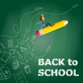 Back to school illustration. Child fly on the pencil in chalkboard. Royalty Free Stock Photo