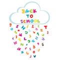 Back to school illustration with cloud and rain made of letters and numbers Royalty Free Stock Photo