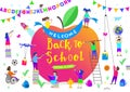 Back to school illustration. Group of active children around a giant apple. Children characters doing different activities