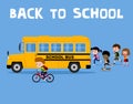 Back to school illustration: happy cartoon kids running to the yellow bus Royalty Free Stock Photo