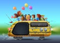 Back to School illustration with kids in yellow bus as radio drawing art in vector. Students and children go to college