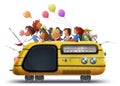 Back to school illustration with kids on yellow bus as radio isolated over white background in vector Royalty Free Stock Photo