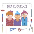 Back to school illustration - three children and set of school supplies.