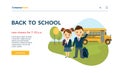 Back to school illustration of two happy pupils wearing uniform and bus behind them