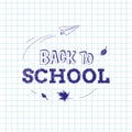 Back to school inscription on the checkered background with hand drawn doodles of paper plane and autumn leaves Royalty Free Stock Photo