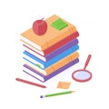 Back to school isometric concept - flat vector illustration of stack of paper books with pen, pencil and apple. Royalty Free Stock Photo