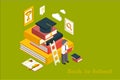 Back to school. Isometric vector design with stack books, ladder, square academic hat, teacher, magnifying glass, trophy