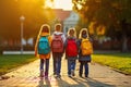 Back to School Joy Happy Children Eager for Primary School Adventure on First Day. Excited Girls and Boys with Backpacks Embrace Royalty Free Stock Photo