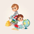 Back to school. Kid boy sitting on piles of books. Little girl looking at the globe Royalty Free Stock Photo