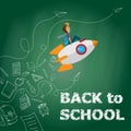 Back to school kid riding a rocket, chalk on blackboard. Sketchy doodle style scribble, vector illustration.