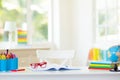 Back to school. Kids desk with books, globe Royalty Free Stock Photo