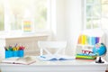 Back to school. Kids desk with books, globe Royalty Free Stock Photo